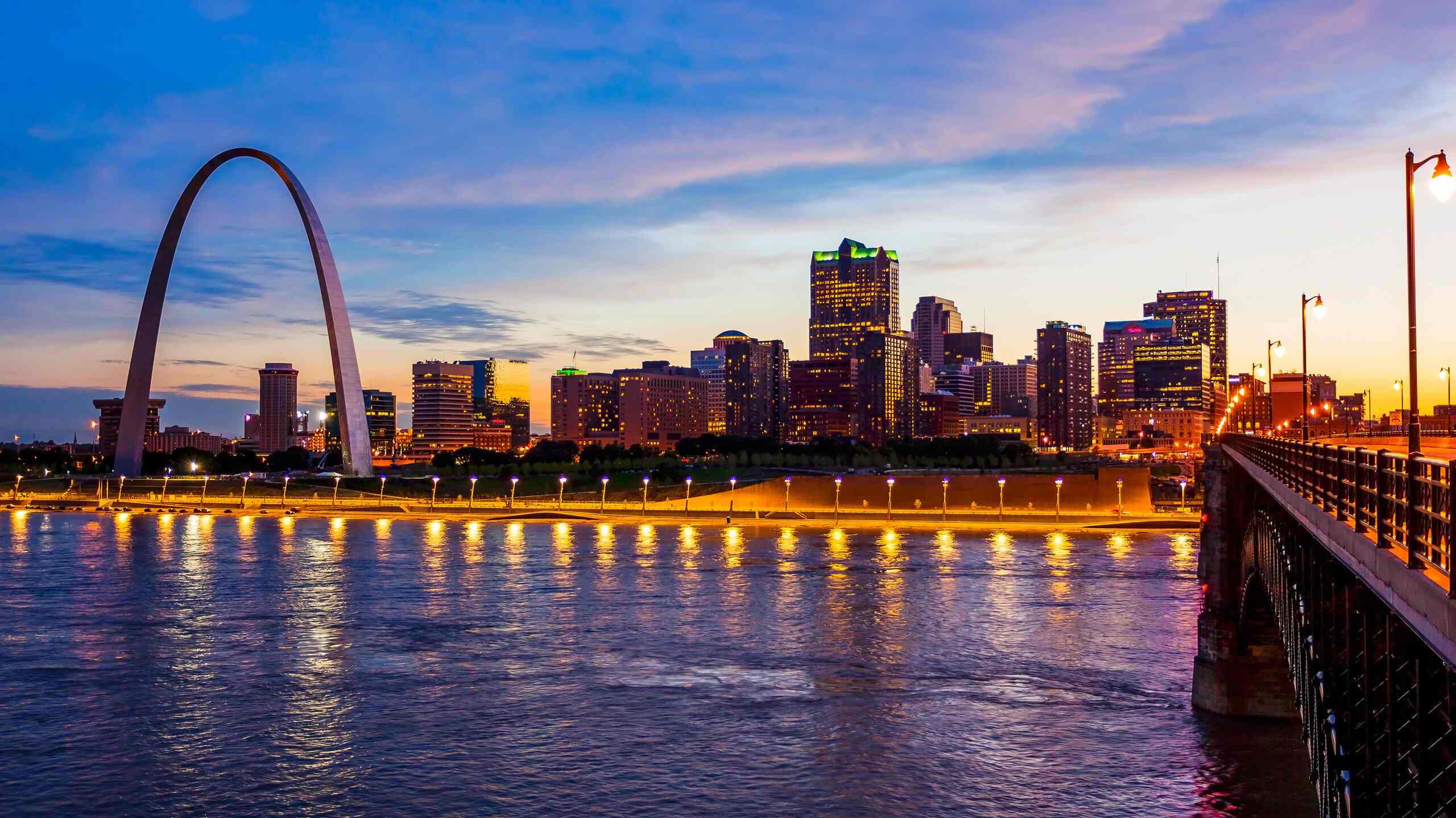 St. Louis skyline and Gateway Arch at dusk, represented by St. Louis Head-On Collision Lawyers.